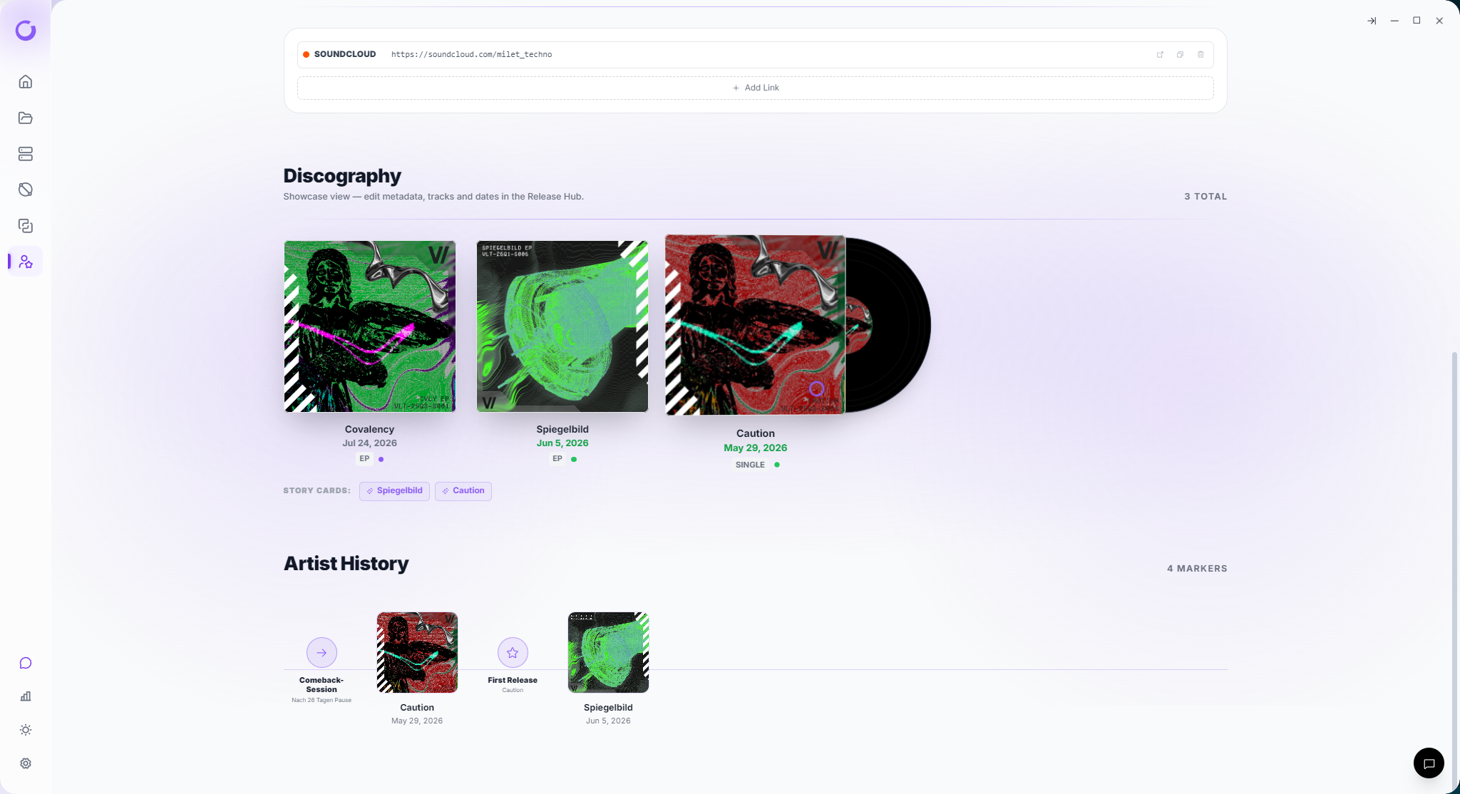 Vantom Artist Page — Discography vinyl-slide grid above the Artist History timeline