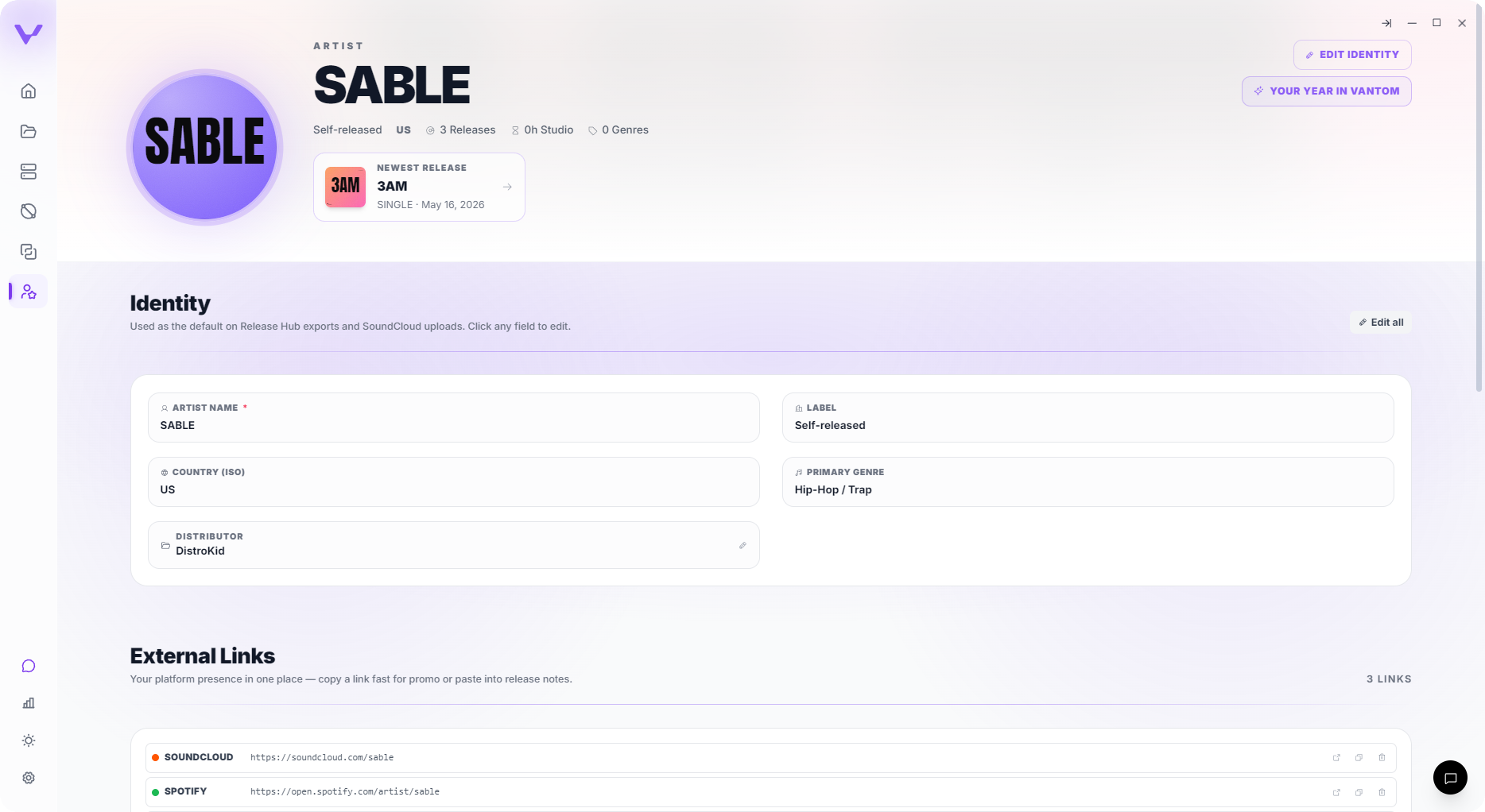 Vantom Artist Page, identity hero generated from your projects
