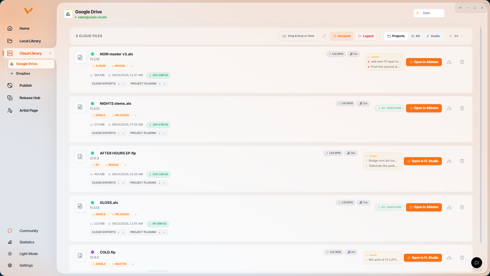 The Vantom Cloud Library connected to Google Drive, listing cloud project files with the same tags, status, BPM, key and task boxes as local projects.