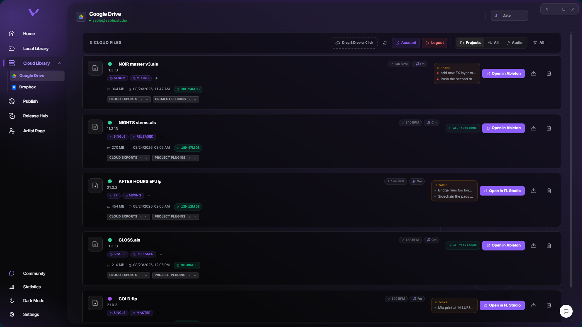 The Vantom Cloud Library connected to Google Drive, listing cloud project files with the same tags, status, BPM, key and task boxes as local projects.