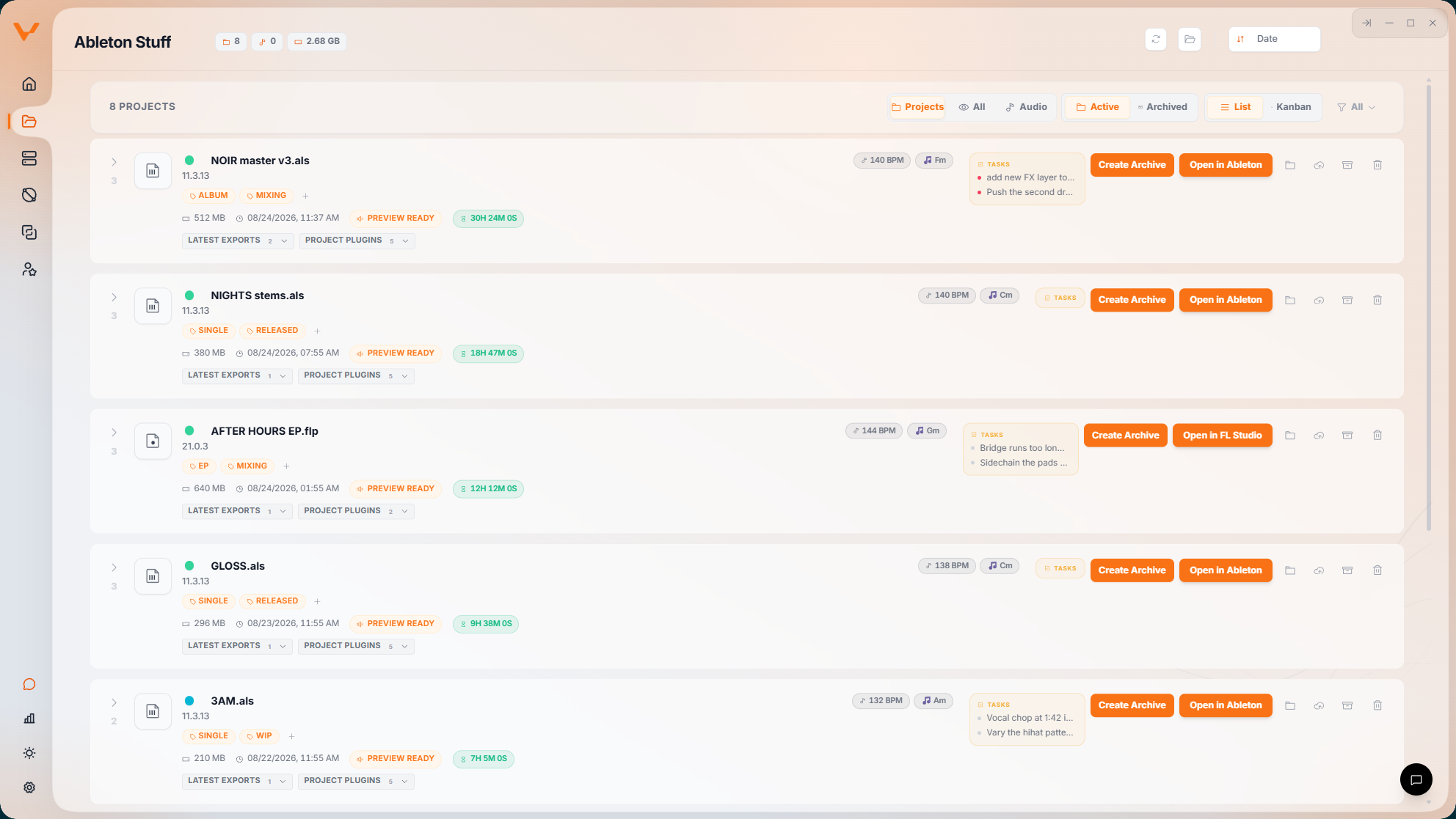 Vantom's local library in list view, each project row showing BPM, key, tracked studio time, and a tasks box with open items.