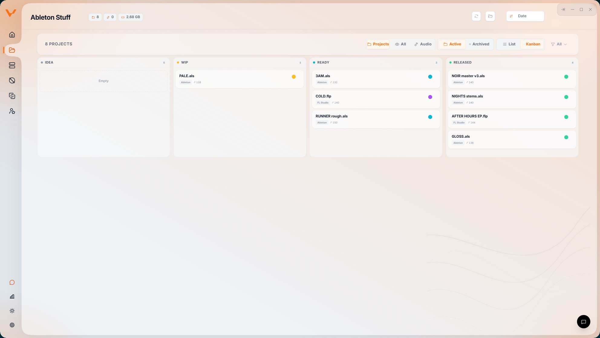 The same Vantom library rendered as a Kanban board, with projects grouped into status columns.