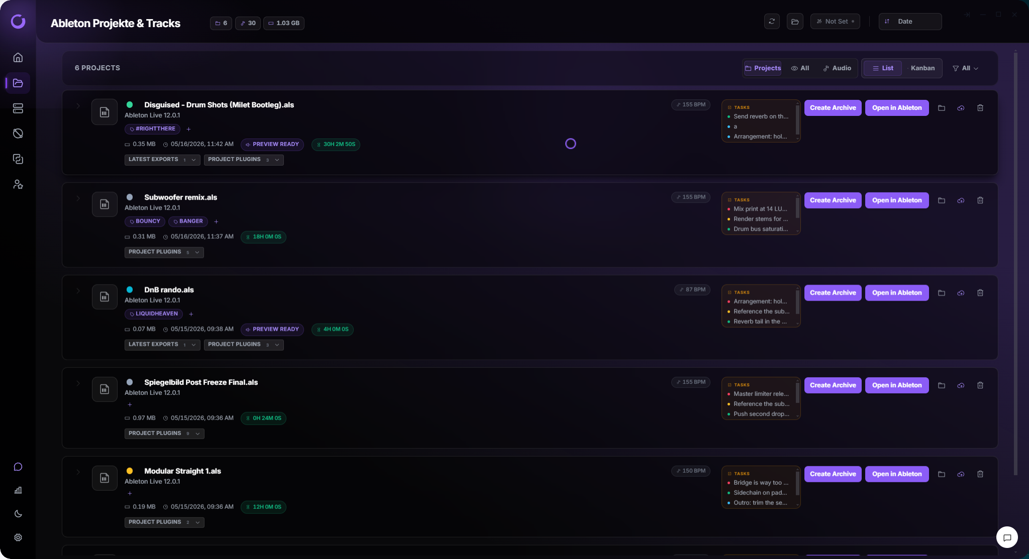 Vantom Local Library — every DAW project indexed in one view