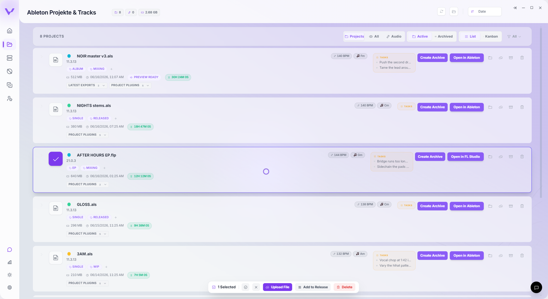 Vantom library in List view, every DAW project indexed on this machine