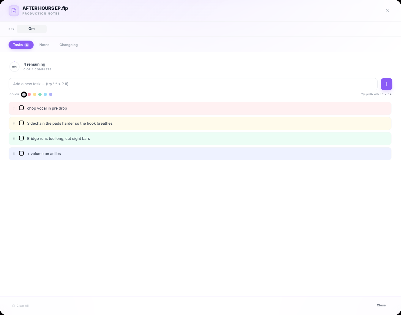 Vantom Production Notes — tasks, notes and changelog per project