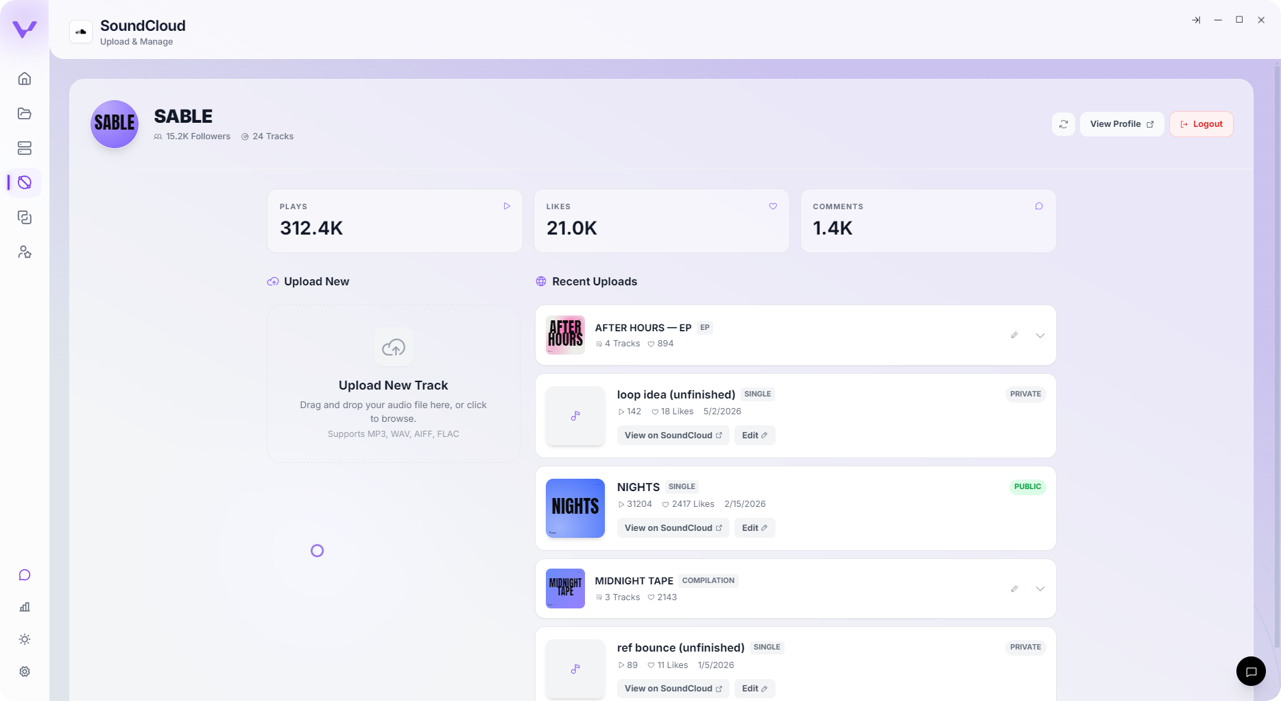 Vantom, direct SoundCloud upload and account view
