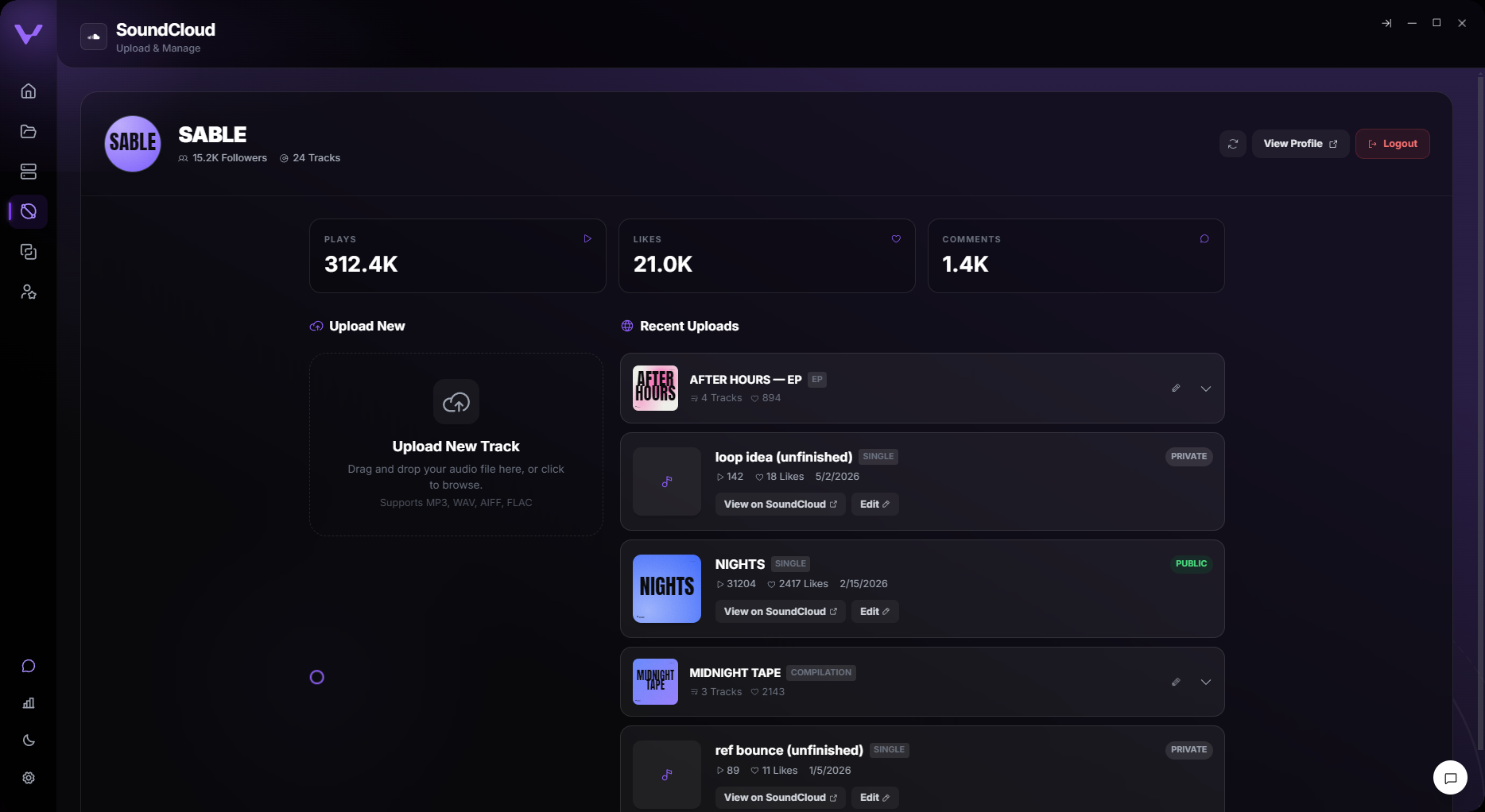 Vantom, direct SoundCloud upload and account view